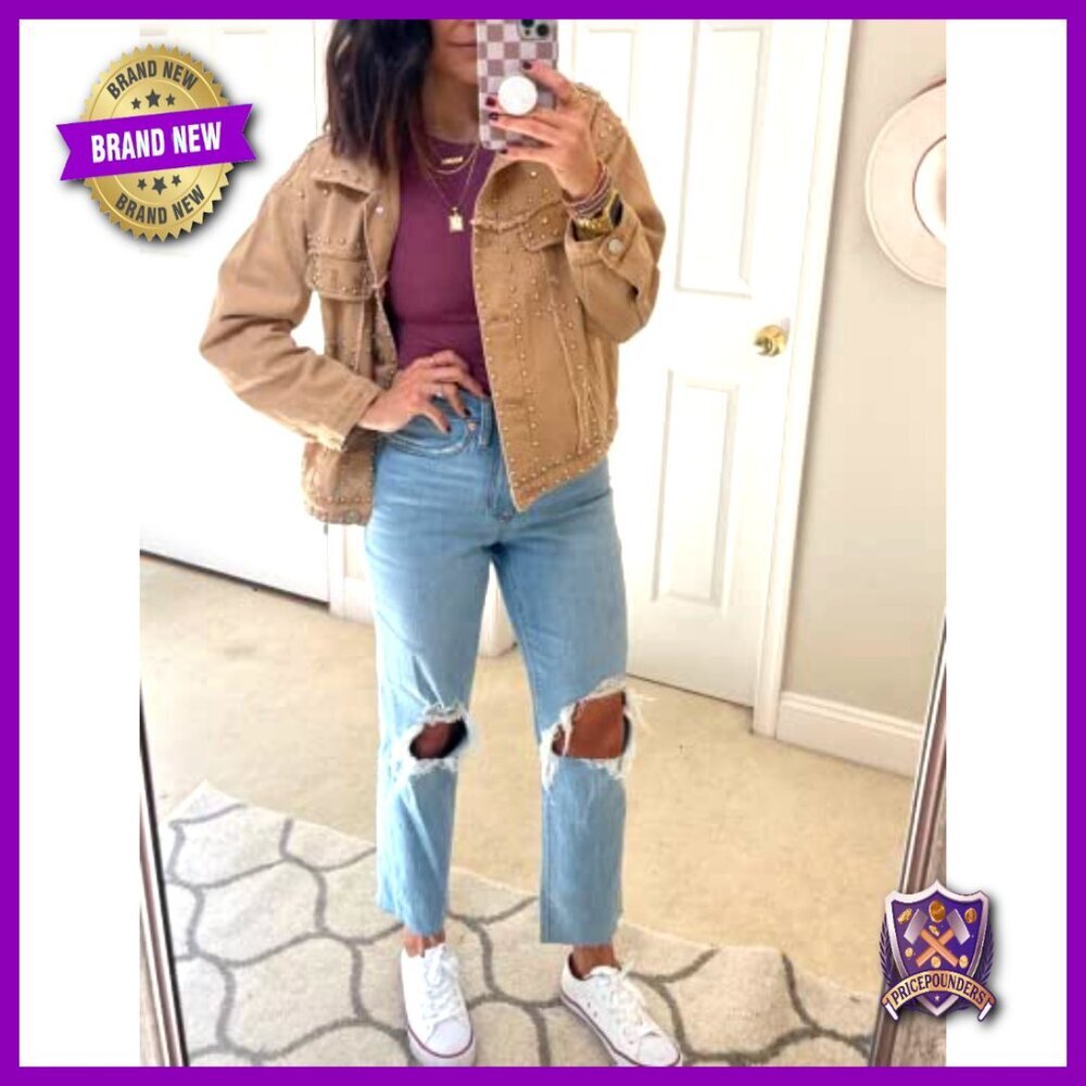 Long Sleeve Studded Denim Jacket Western Chic Loose Fit Y2K Retro - Picture 3 of 7